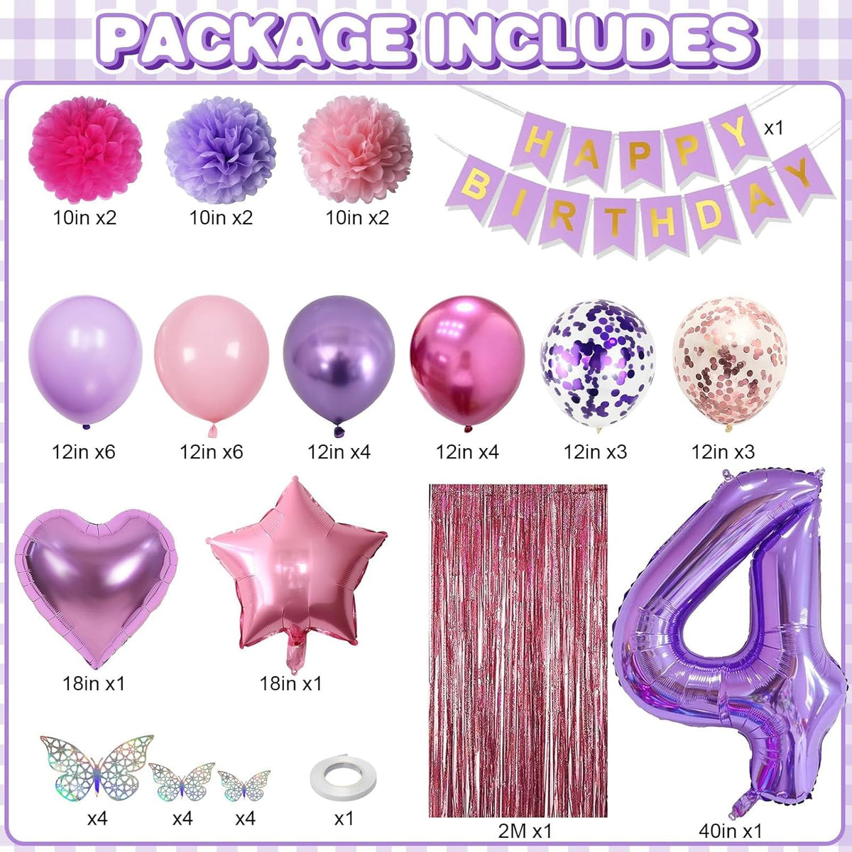 Pink Purple 4th Birthday Party Decorations for Girls Number 4 Balloon Happy Birthday Banner
