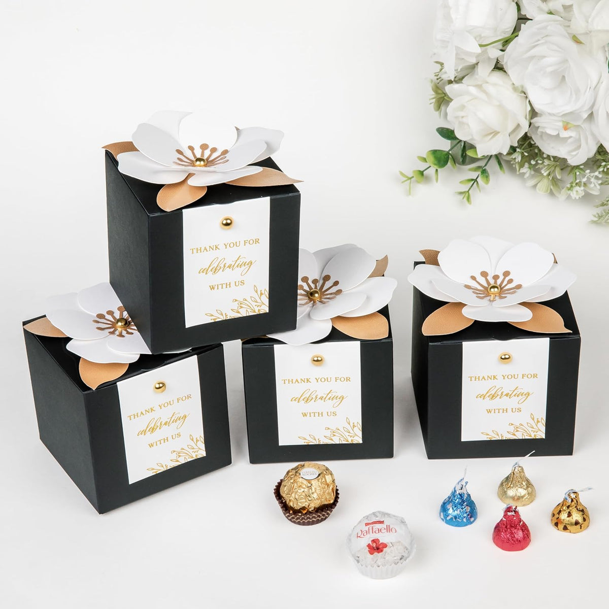 FEIYI 20 PCS Black Gift Boxes, 3 In 1 Favor Boxes with Floral Decor, White Thank You Tags Cupcake