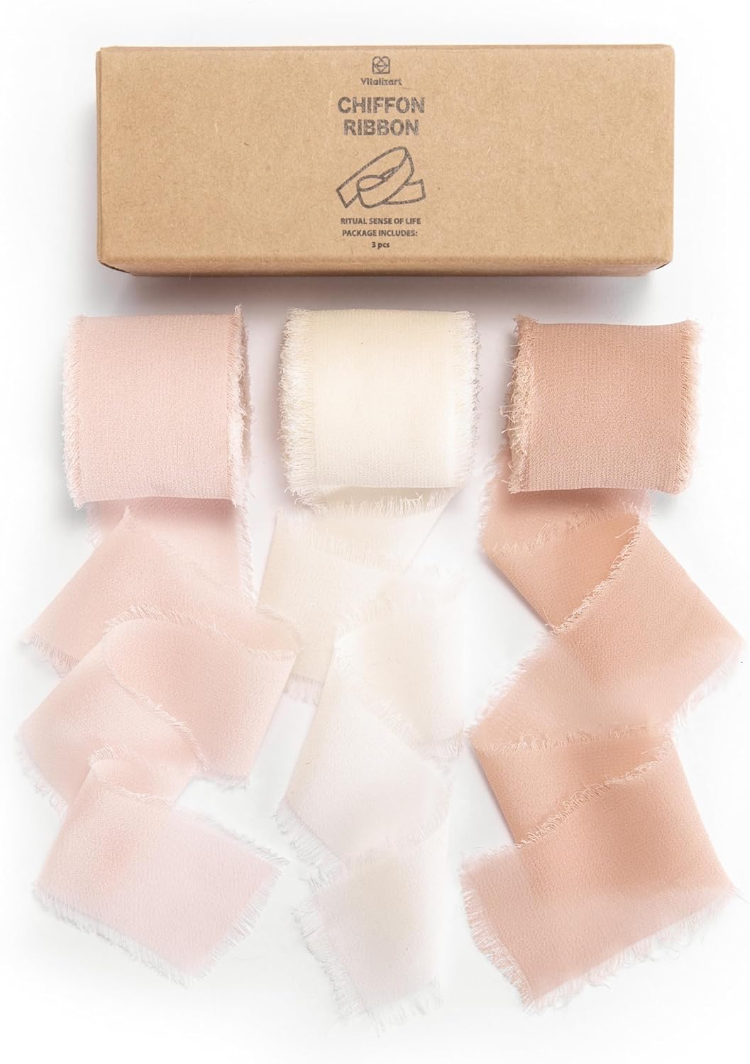 Vitalizart Pink Handmade Chiffon Silk Ribbon Fringe 1.5" x 21 Yd Blush Pink & White Frayed Edges