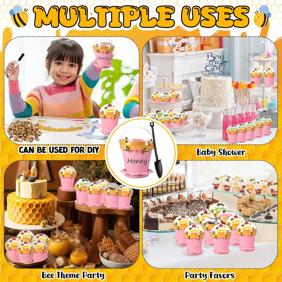 30 Sets Mini Honey Bee Pots with Lids, Spoon, Saucers and Bee Charms, 6.76 OZ Plastic Honey Jars