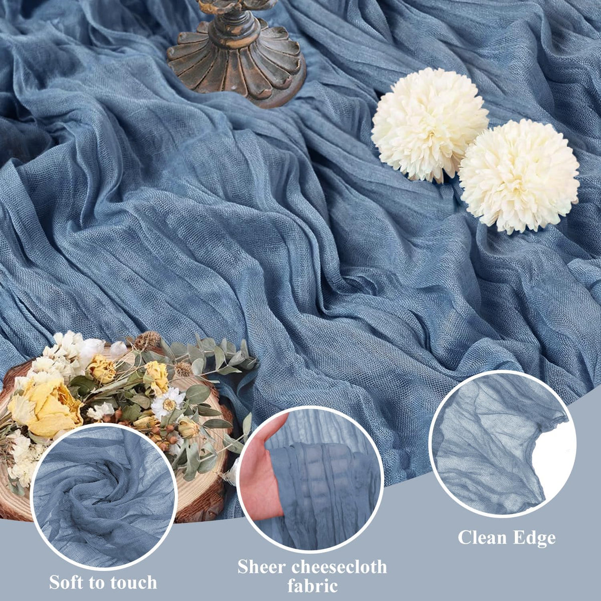 Asee'm 6pcs Cheesecloth Table Runner 120 Inches Long Dusty Blue Boho Gauze Cheese Cloth Runner 10FT