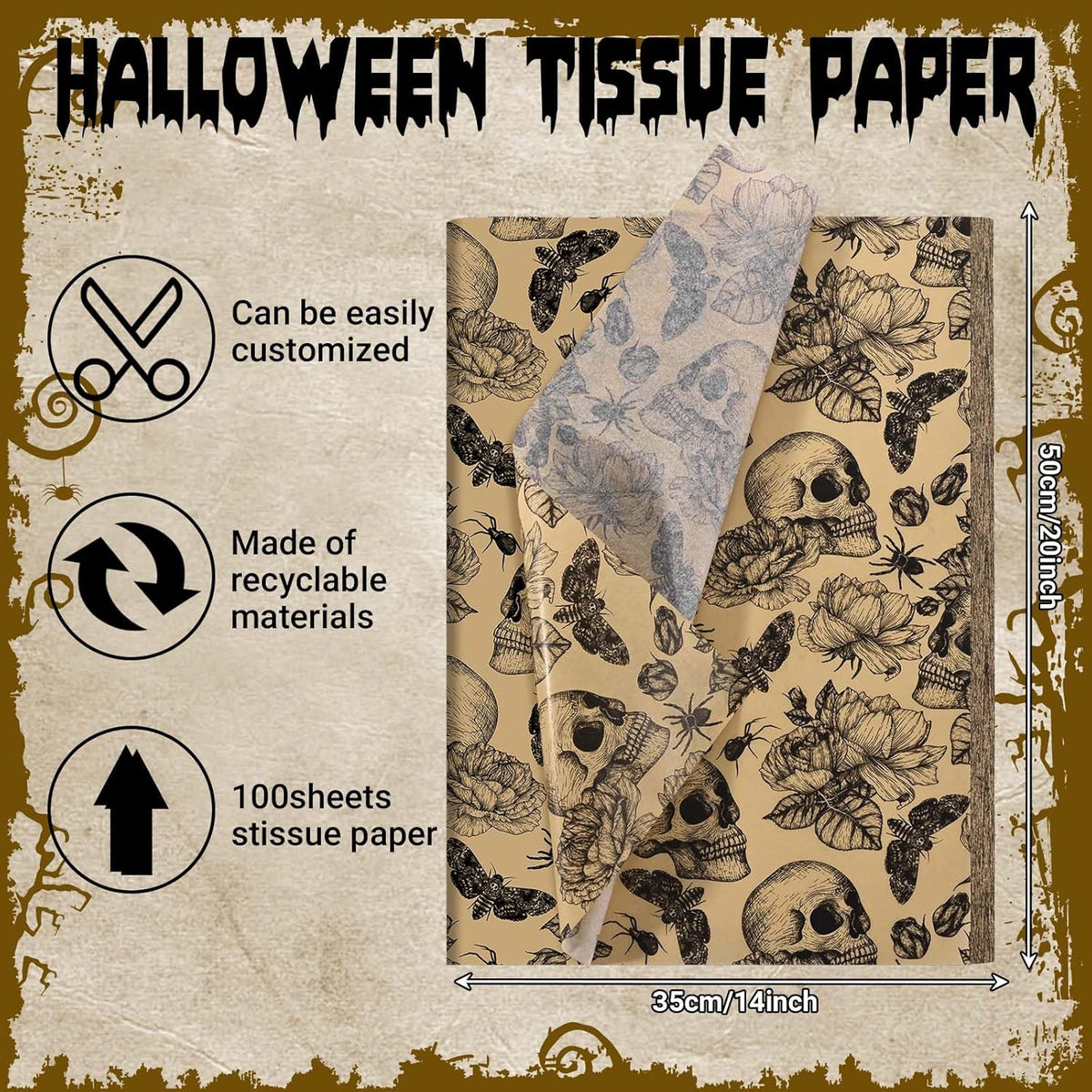 100 Sheets 20 * 14 Inches Vintage Halloween Tissue Paper Kraft Gothic Floral Skull Moth Spider