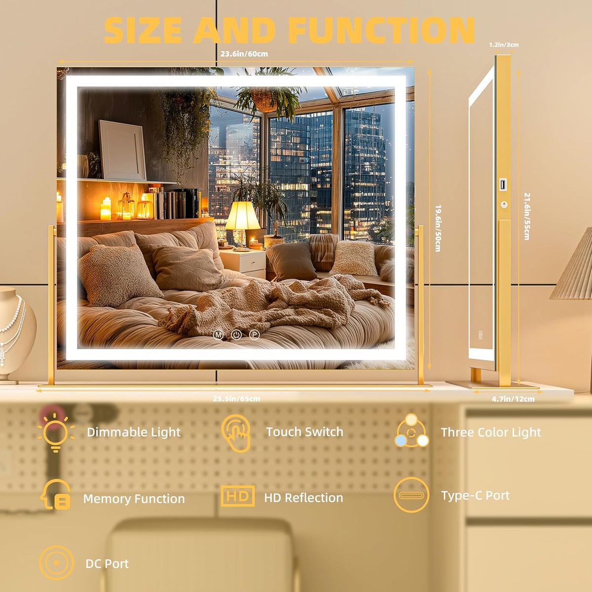 Vanity Mirror with Lights, 26'' x 22'' Lighted Makeup Mirror, Touch Screen with 3-Color Lighting