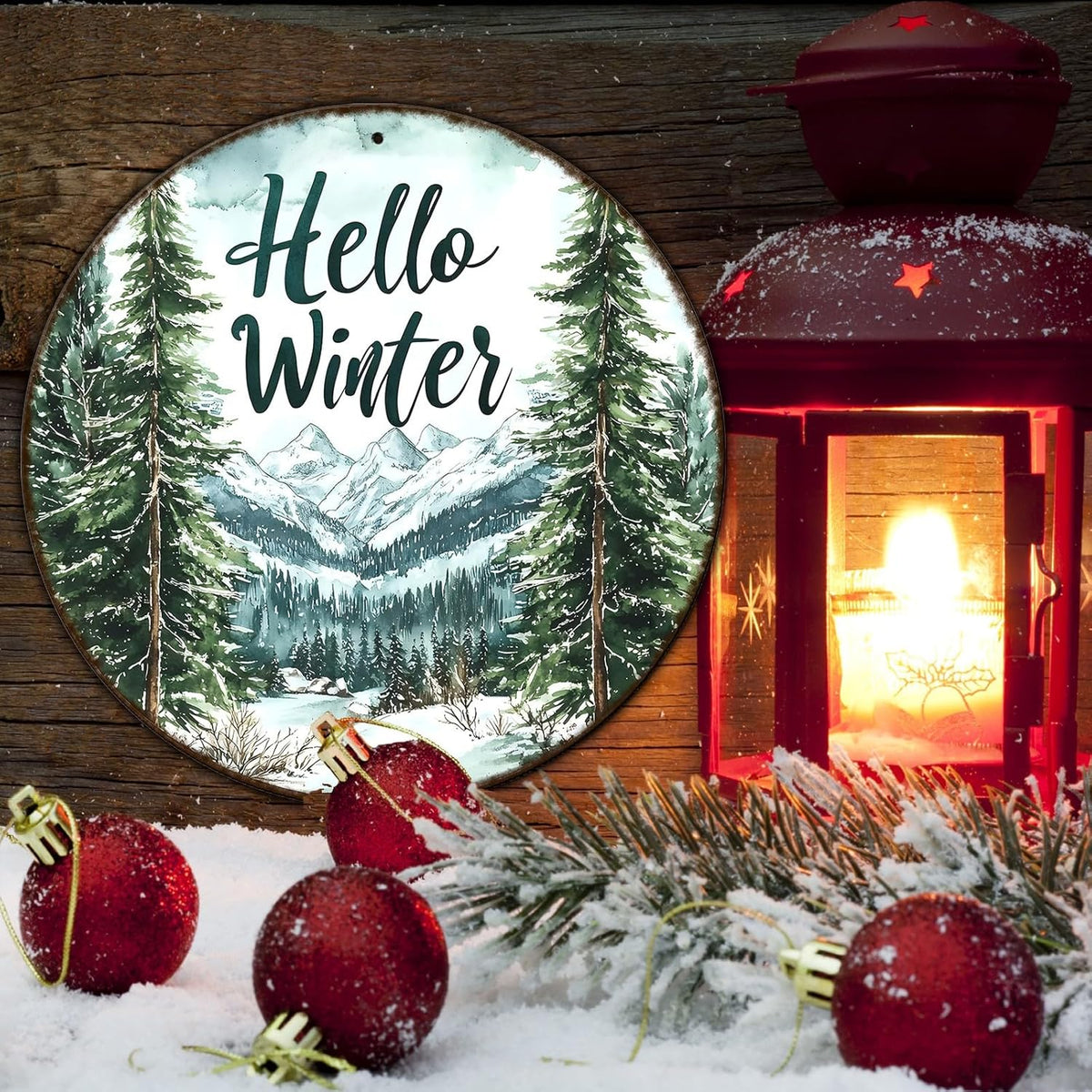 Round Christmas Metal Tin Sign Hello Winter Sign Christmas Pine Trees Welcome Door Sign Xmas Winter
