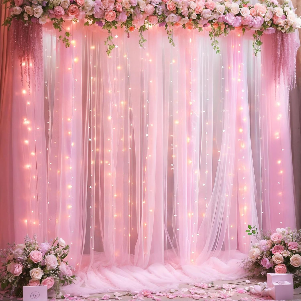 20ft x 10ft Pink Tulle Photo Backdrop Curtain with Lights String for Baby Shower Sheer Baby Pink