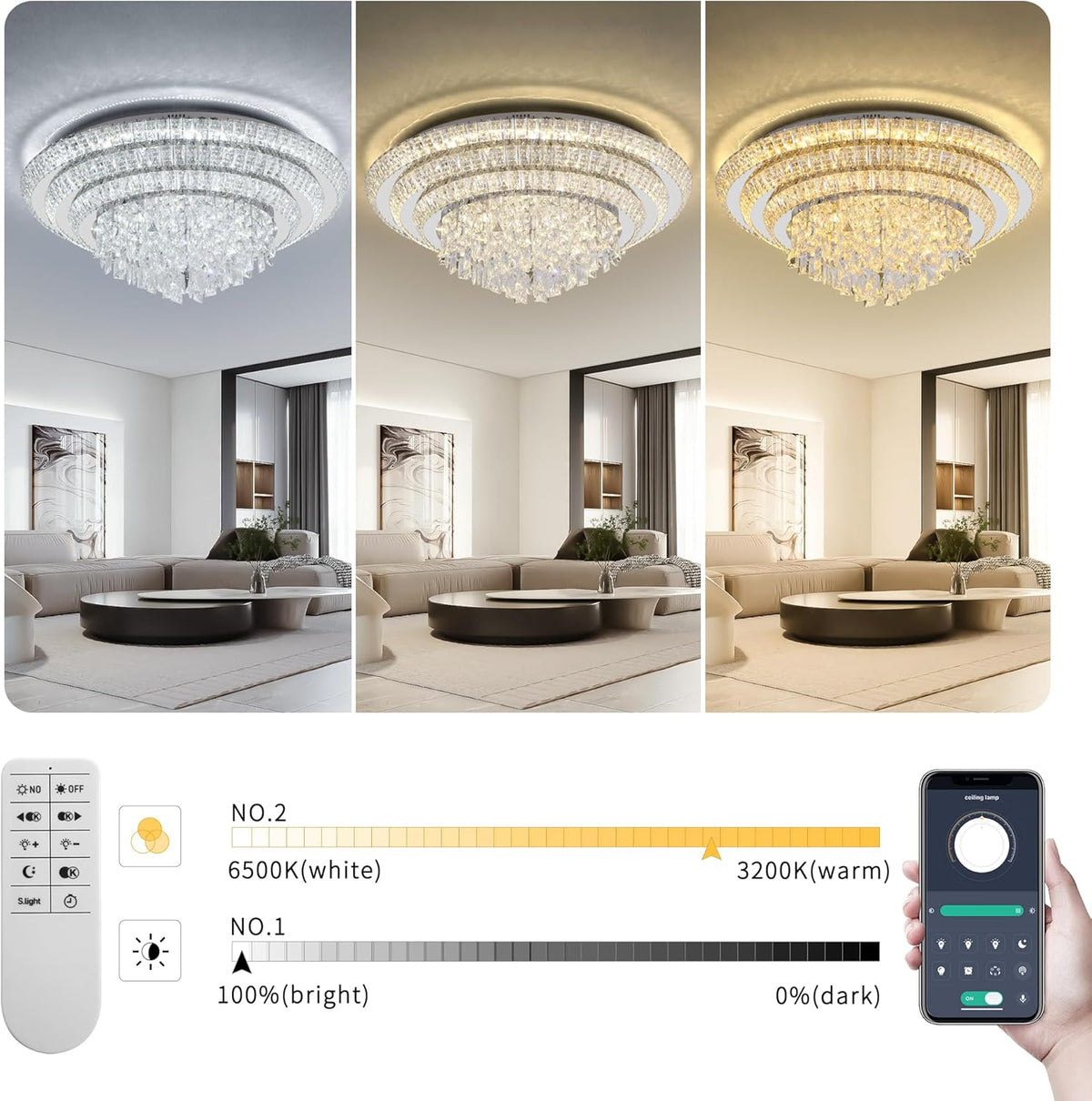 30 inch Crystal Silver Ceiling-Light Flush Mount with Remote Control and APP, 3CCT Dimmable &
