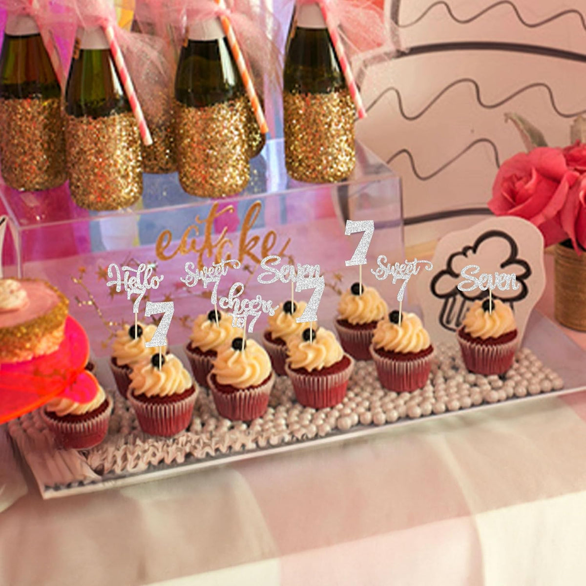 30Pcs 7th Birthday Cupcake Toppers Glitter Seven Happy 7 Cupcake Picks Cheers to 7 Years Old Cake