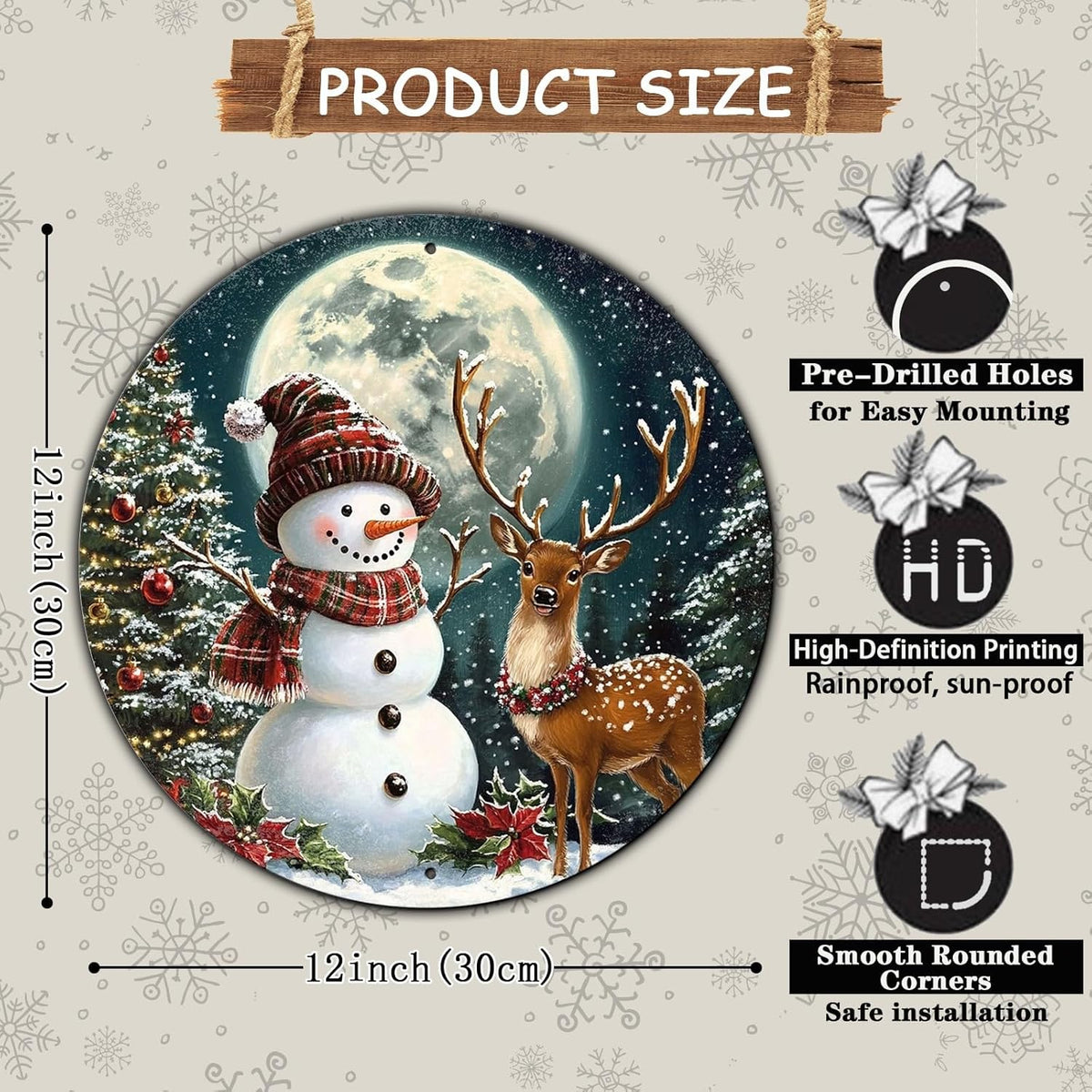 Christmas Snowman Decor Round Metal Tin Sign Christmas Deer Vintage Tin Sign for Home Coffee Wall