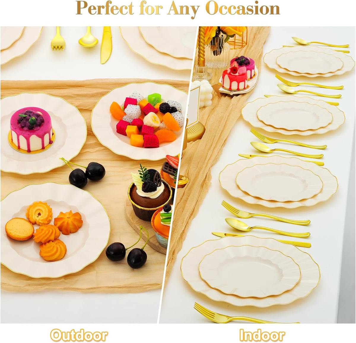 60Pcs Heavy Weight Ivory Plastic Plates with Gold Trim, Heavy Duty Wedding Plates, Elegant