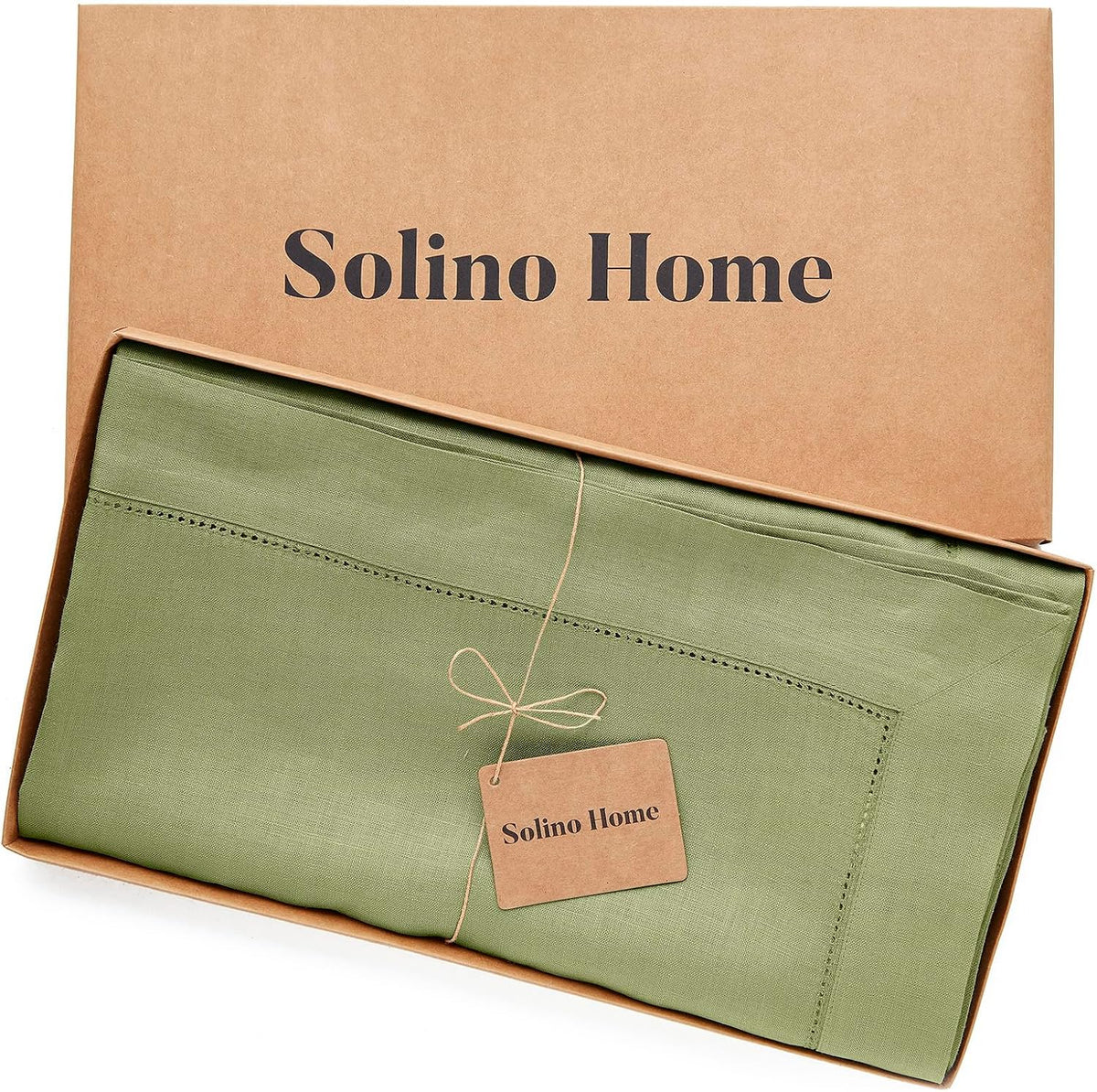 Solino Home Linen Tablecloth 60 x 144 Inch - Classic Hemstitch 100% Pure Linen Moss Green Table