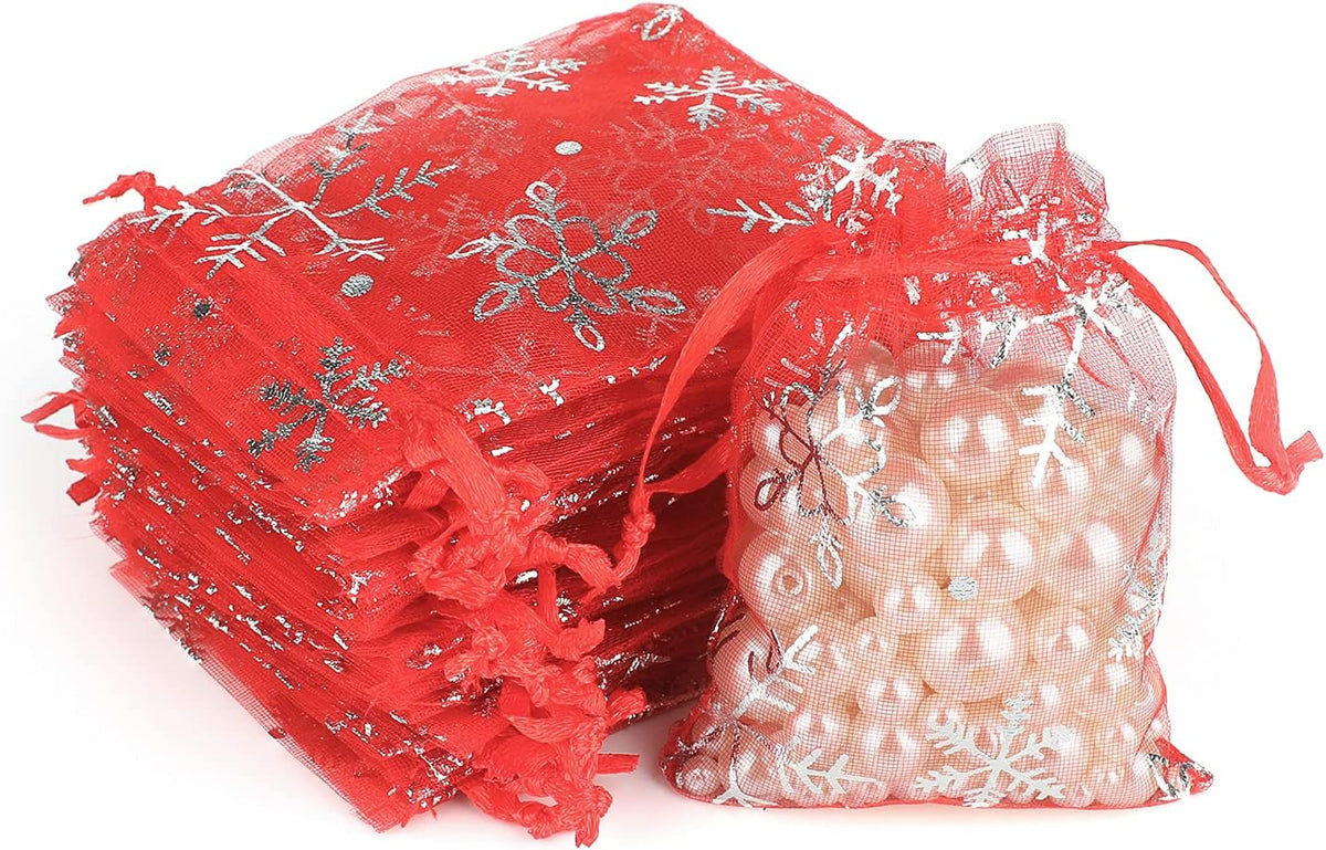 jijAcraft 3x4 Inch Christmas Organza Bags - 50Pcs Red Snowflake Gift Bags with Drawstring, Xmas