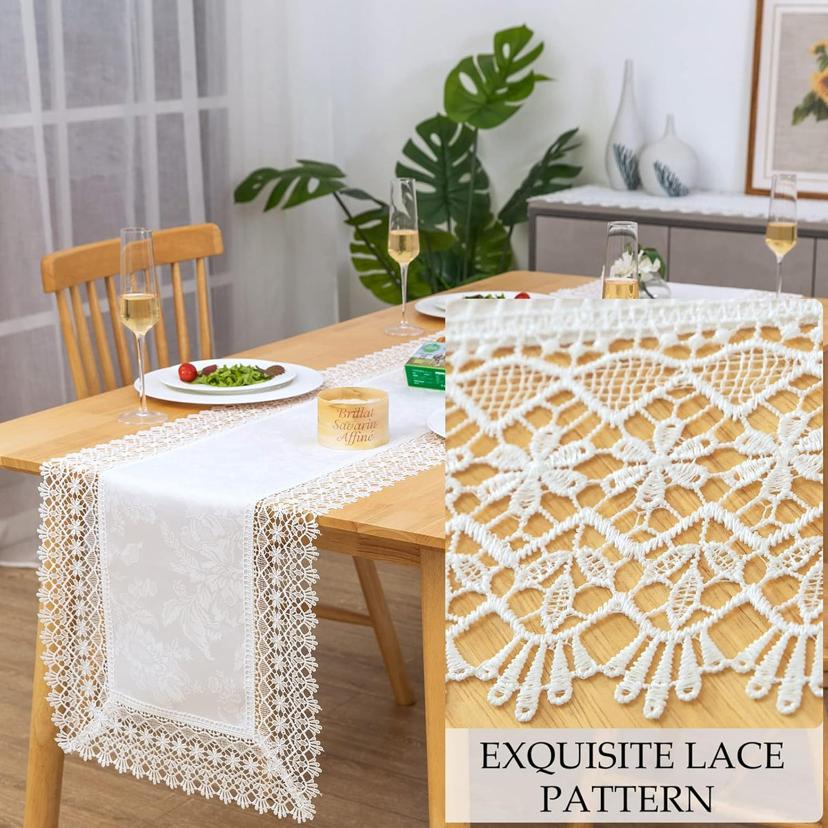 White lace Premium Rectangle Farmhouse Table Runner Waterproof OilProof SpillProof AntiShrink Soft