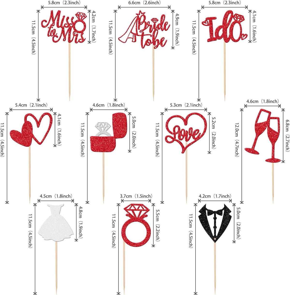 30 PCS Bride to Be Cupcake Toppers Glitter Miss to Mrs I Do Love Heart Ring Cupcake Picks Wedding