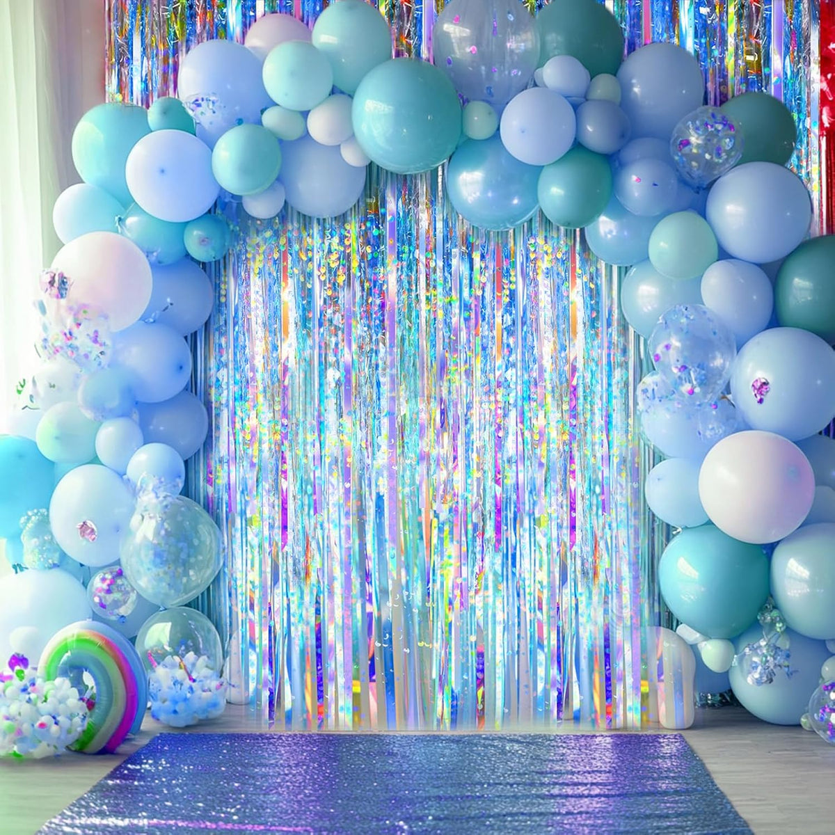 2 Packs Iridescent Foil Fringe Curtain, Neon Transparent Holographic Tinsel Backdrop for Birthday