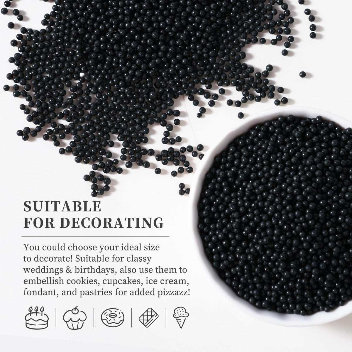 Edible Black Sprinkles, Black Nonpareils Sprinkles, 2mm Edible Pearls for Cakes, Cupcakes