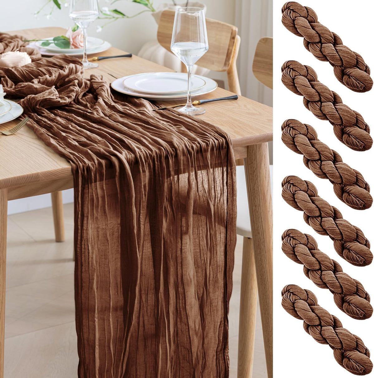 Asee'm 6pcs Cheesecloth Table Runner 120 Inches Long Brown Boho Gauze Cheese Cloth Runner 10FT