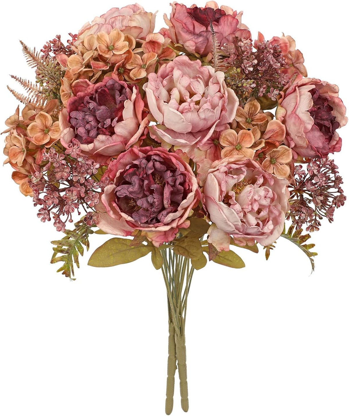 Hollyone 2Pcs Artificial Fall Flowers Bouquet 18.8" Pink Dried Peony Hydrangea Fake Fall Floral