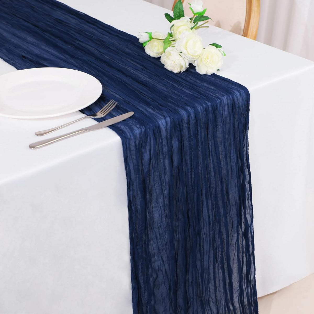 Snowkingdom 13Ft Navy Blue Cheesecloth Table Runner, 160inch Long Cheese Cloth Boho Gauze Runner