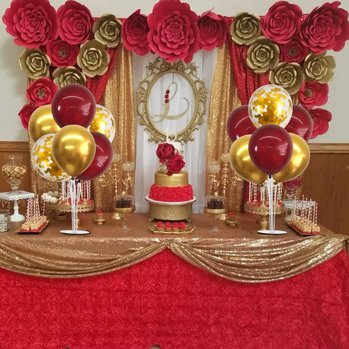 TONIFUL 4 Set Burgundy Red Gold Balloon Centerpieces for Table,Balloon Stand Kit for Graduation