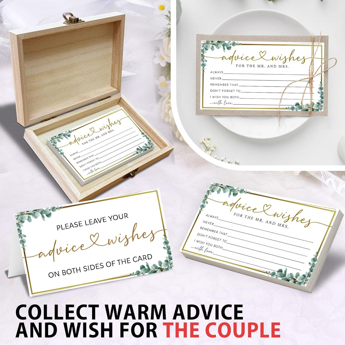Eucalyptus Advice and Wishes for the Mr and Mrs - 50 Packs Wedding Advice Cards Bridal Shower Game