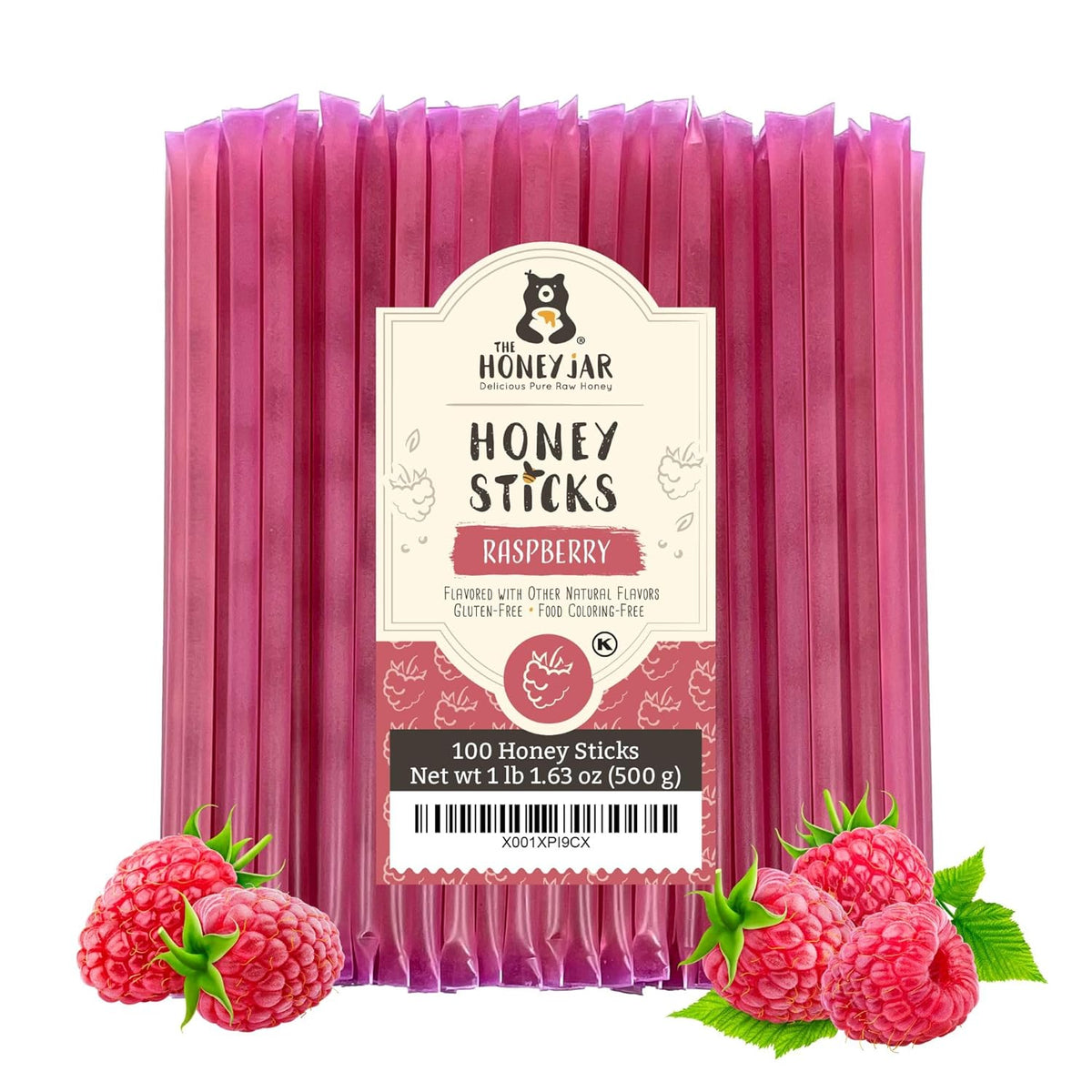 The Honey Jar Raspberry Flavored Honey Sticks - Pure Honey Straws For Tea, Coffee, or a Healthy