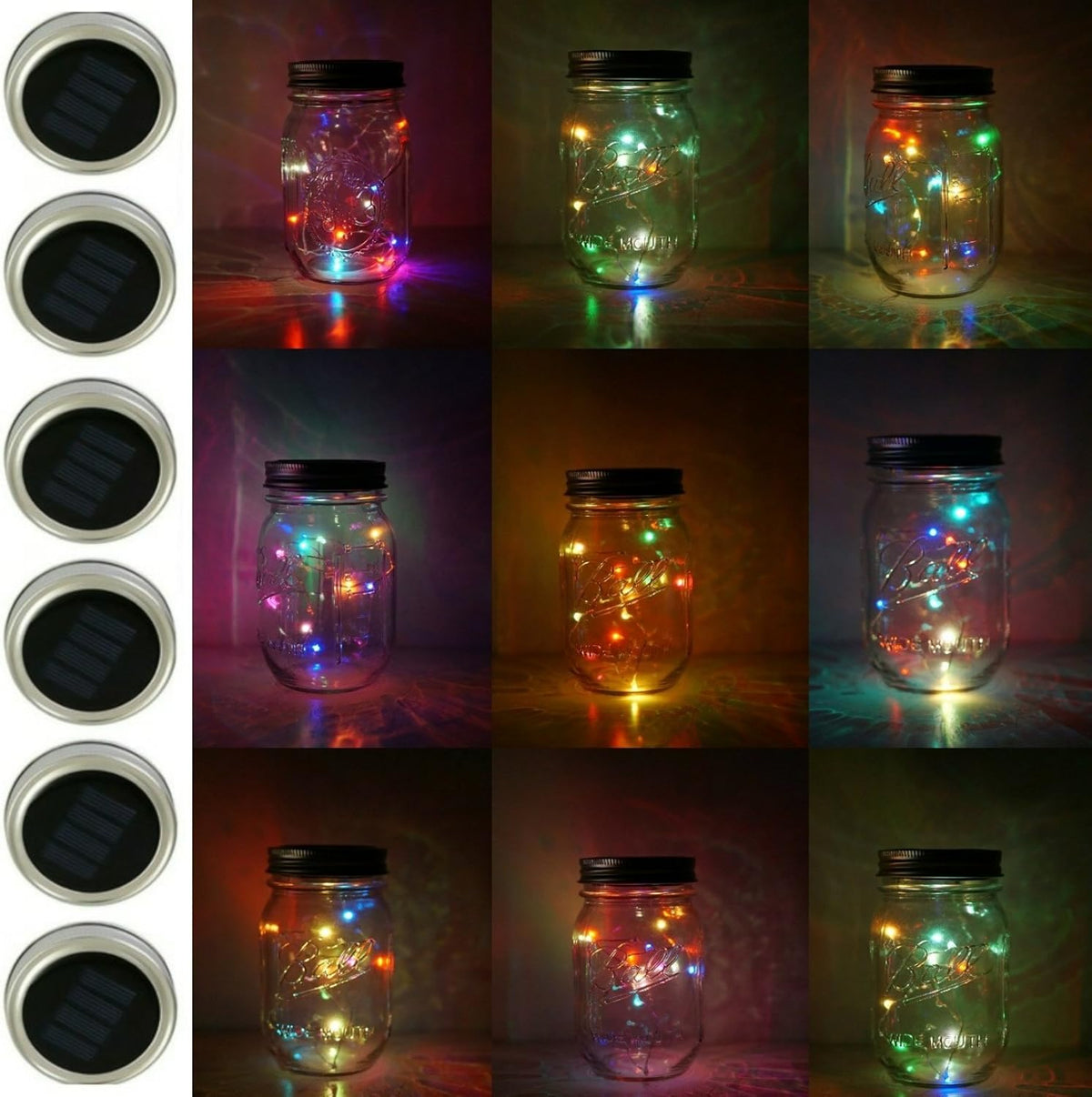 6 Pack Mason Jar Lights, 10 LED Solar Colorful Flicker Fairy String Lights Lids Insert for Garden