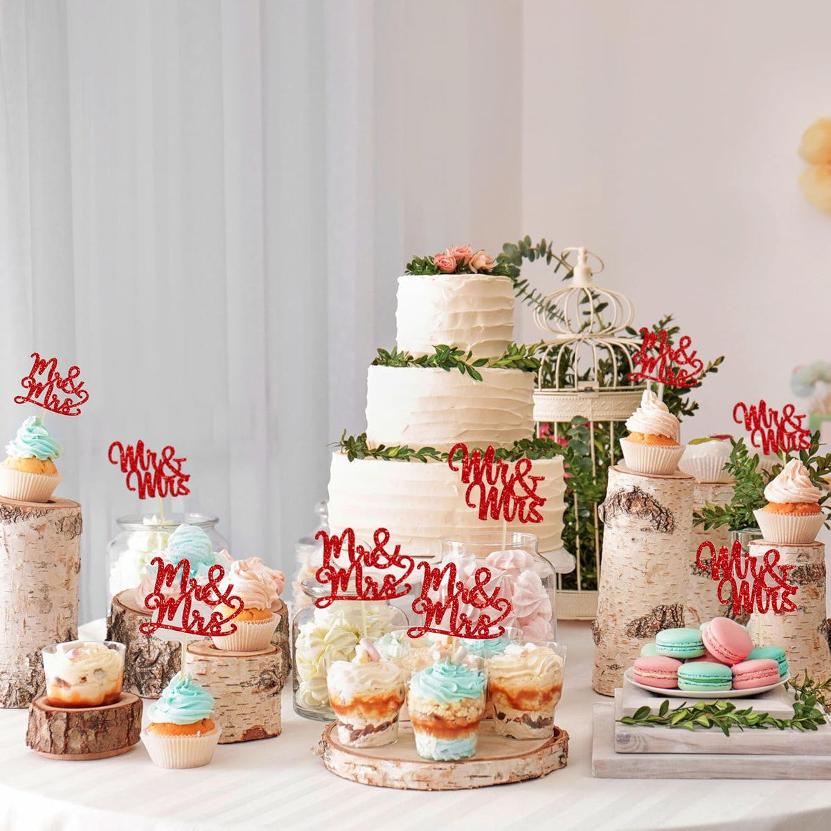 Gyufise 36Pcs Mr & Mrs Cupcake Toppers Glitter Bridal Shower Cupcake Picks for Wedding Engagement