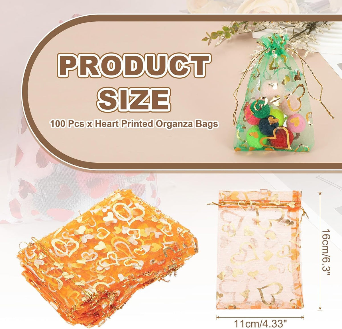 PATIKIL 100 Pcs 4x6 Inch Heart Printed Organza Bags, Orange Sheer Heart Organza Bags with
