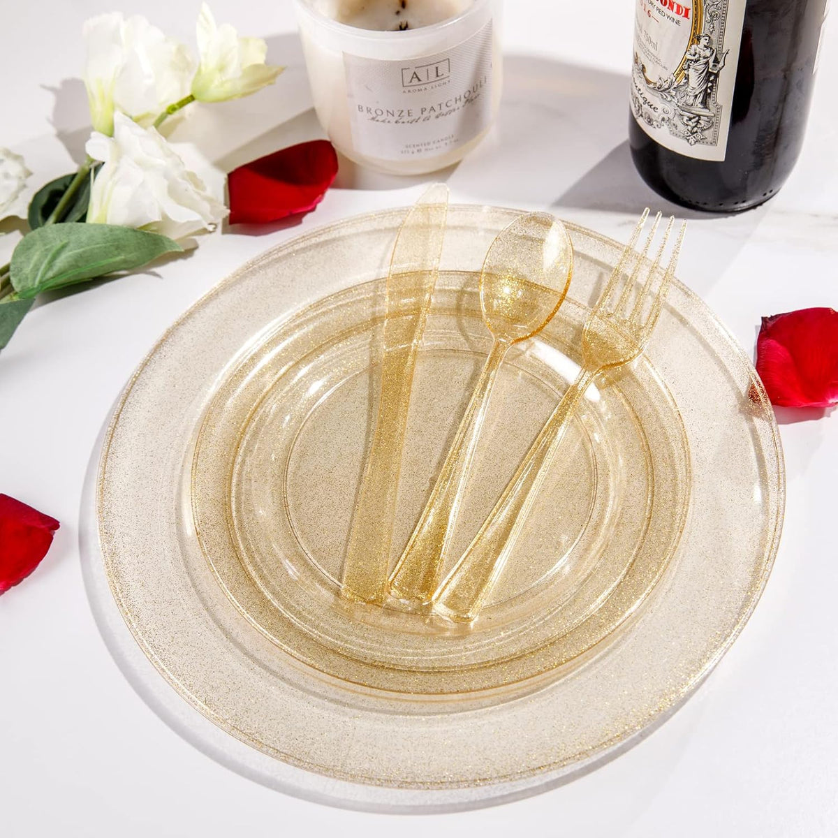 Supernal 300pcs Gold Glitter Plastic Cutlery Disposable Utensils Gold Plastic Silverware Sets