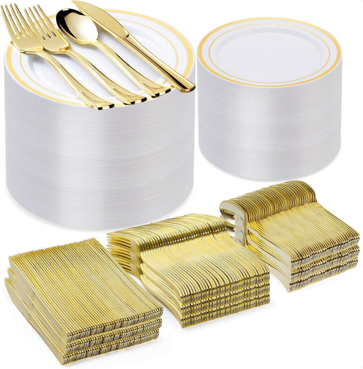 600PCS Gold Plastic Plate Set (100 Guests), Plastic Plates for Party Wedding Birthday, Disposable