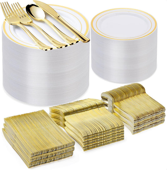 600PCS Gold Plastic Plate Set (100 Guests), Plastic Plates for Party Wedding Birthday, Disposable