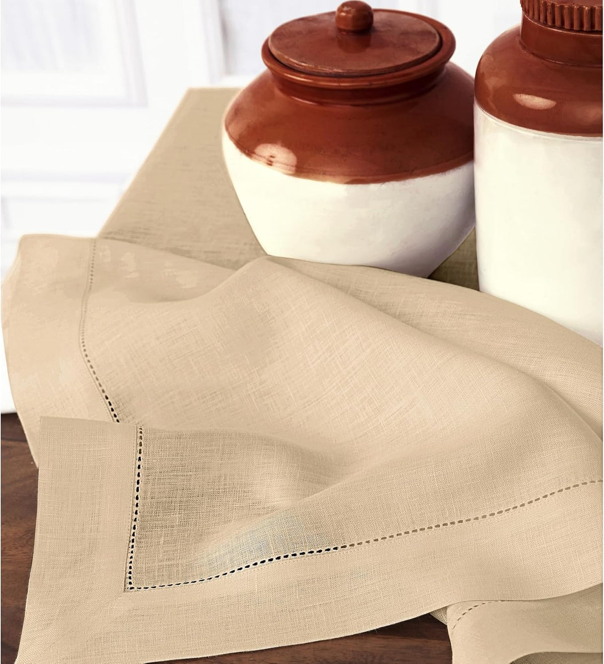 Solino Home Linen Beige Tablecloth 60 x 90 Inch - Classic Hemstitch, 100% Pure Linen Rectangular