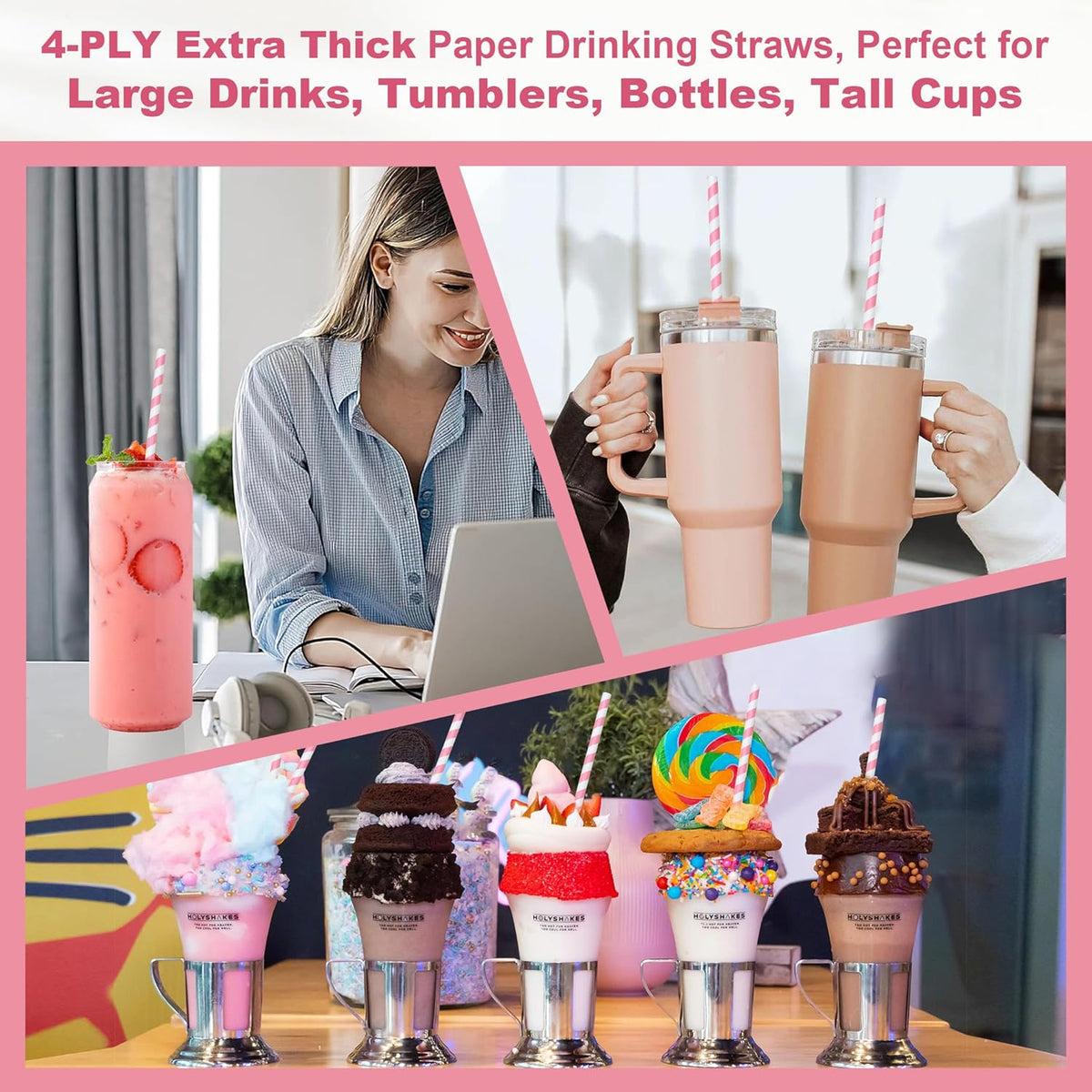 14 inch Extra Long Disposable Pink/White Striped Paper Drinking Straws 0.31" Wide - 100 Counts