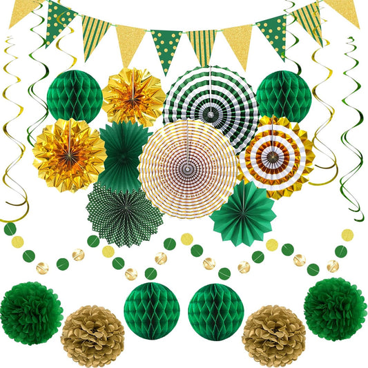 Green Gold Party Decorations Paper Fans, Graduation Season Hanging Glitter Triangle Flags Banner