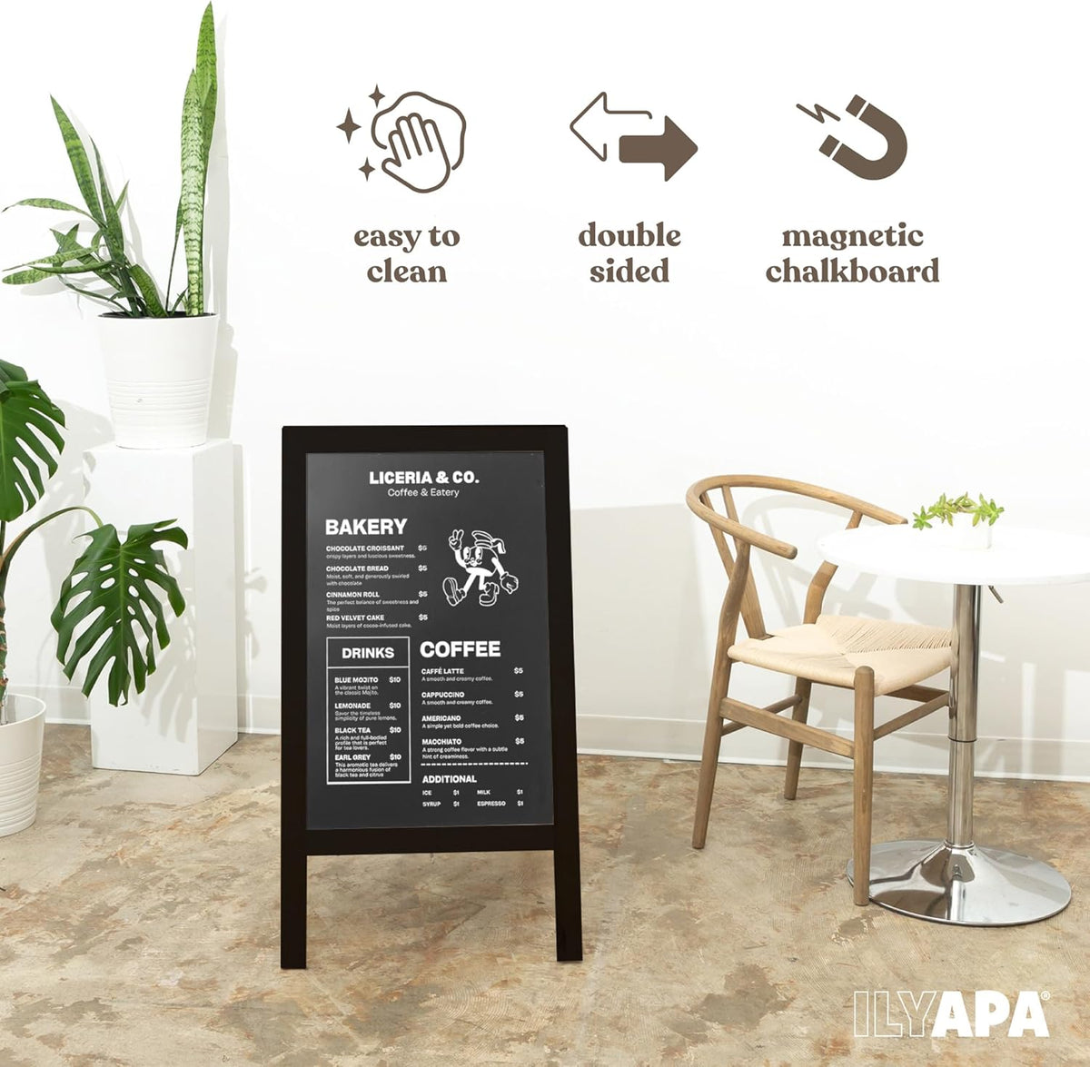 Ilyapa Wooden A-Frame Chalkboard Sign with Eraser, 40 x 20 Inch Magnetic Sidewalk Menu Board, Black
