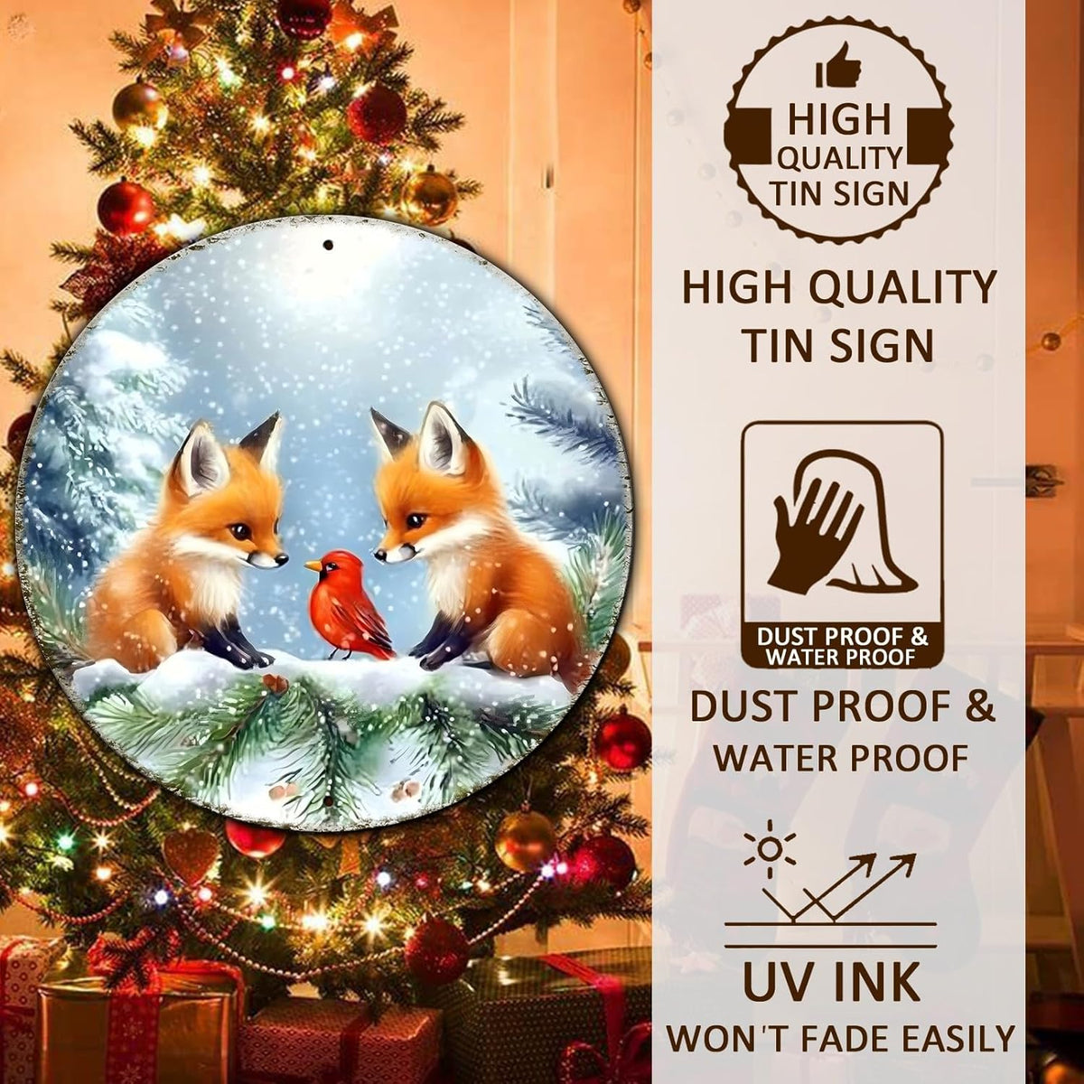 Christmas Round Fox Metal Tin Sign - Red Bird Winter Vintage Sign for Home & Outdoor Decorations