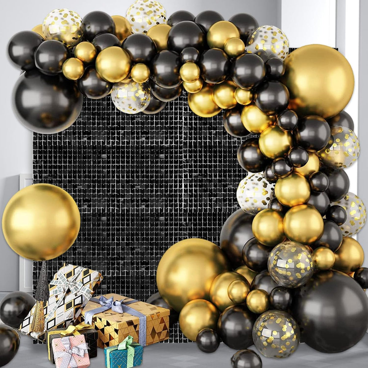 24PCS Black Shimmer Wall Backdrop, Square Sequin Backdrops Panel, Glitter Wall Background for