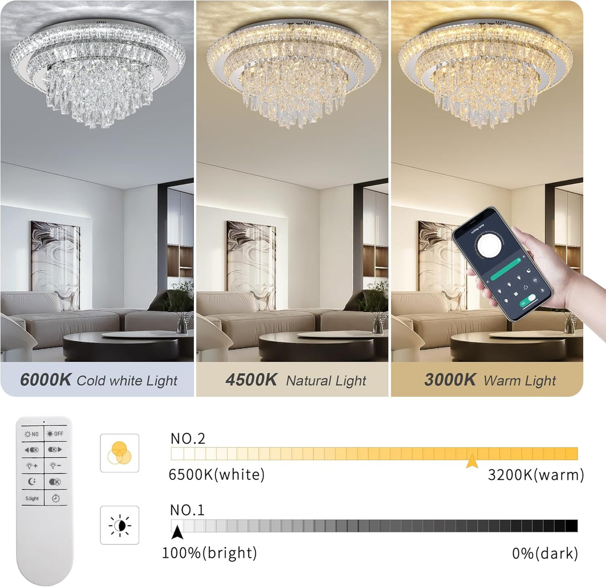 24 inch Crystal Silver Ceiling-Light Flush Mount with Remote Control and APP, 3CCT Dimmable &