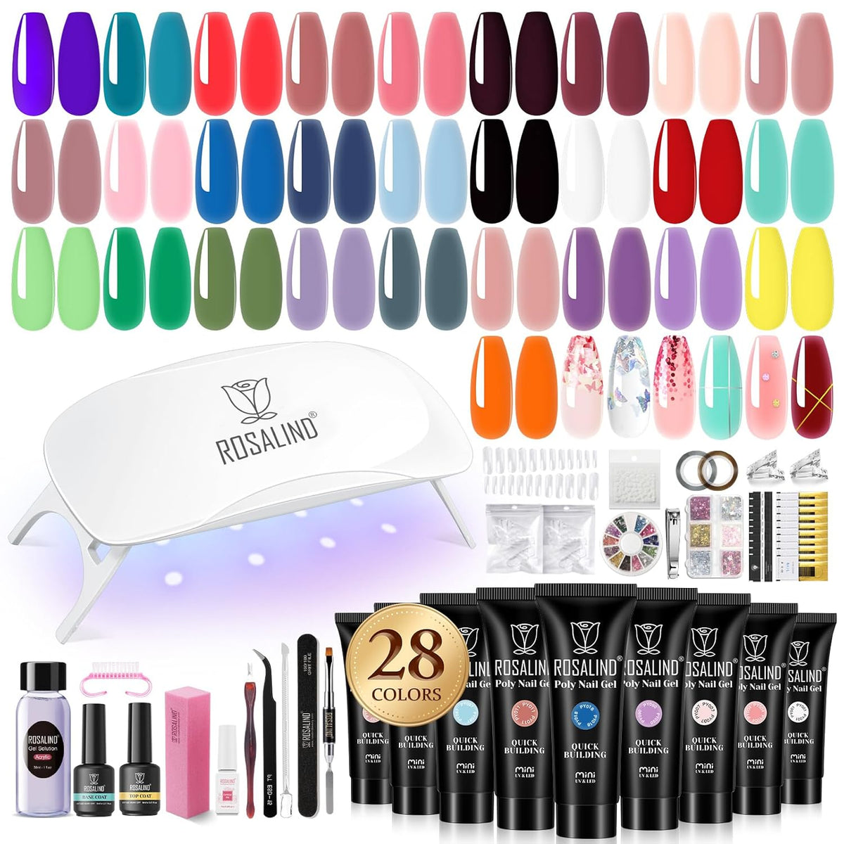 ROSALIND 28 Colors Color Poly Nail Gel Colors Kit with Mini Nail Lamp Clear Neon Poly Nail Gel
