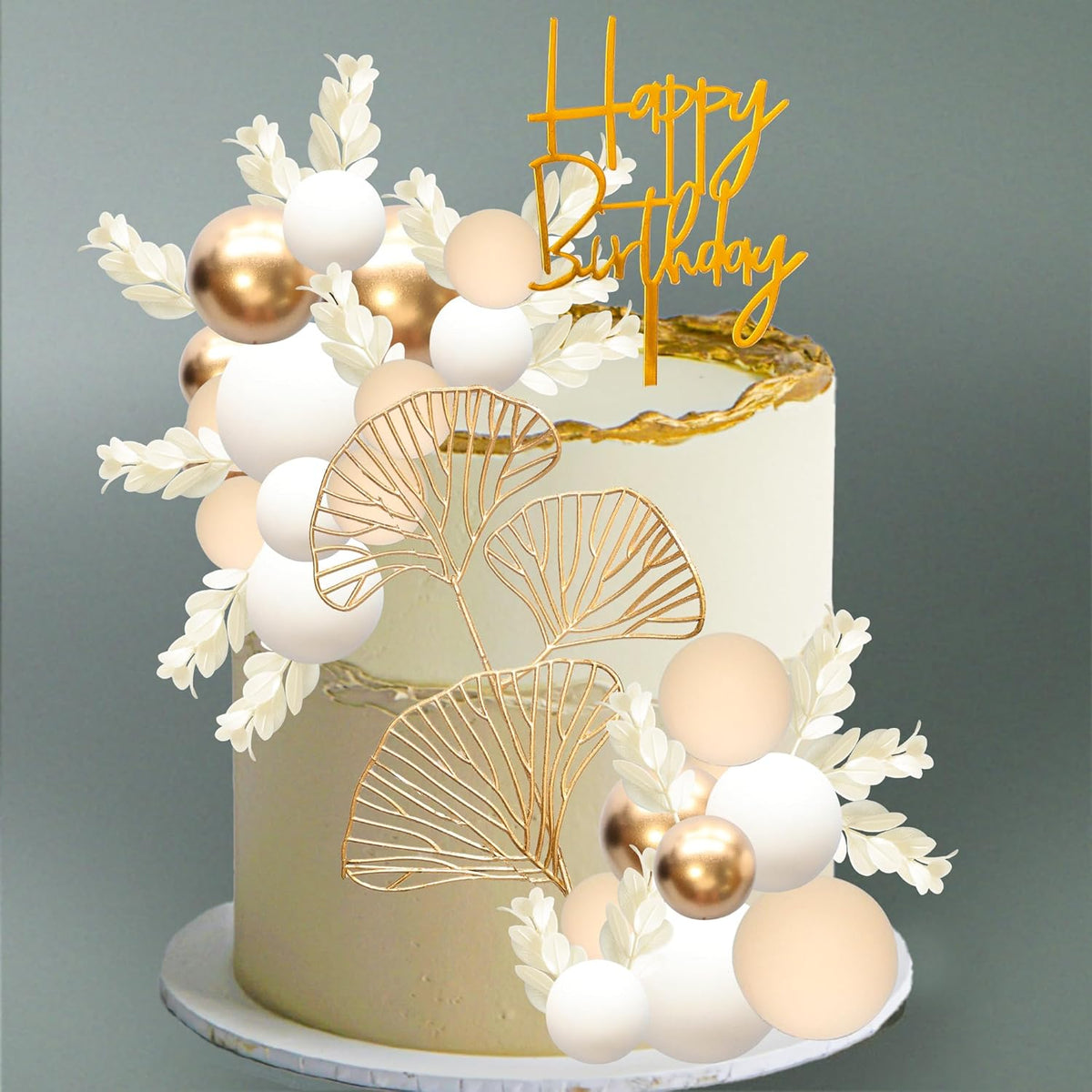 Gyufise 57Pcs Khaki Balls Cake Topper Boho Grass Cake topper Pearl Balls Acrylic Happy Birthday