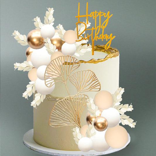 Gyufise 57Pcs Khaki Balls Cake Topper Boho Grass Cake topper Pearl Balls Acrylic Happy Birthday