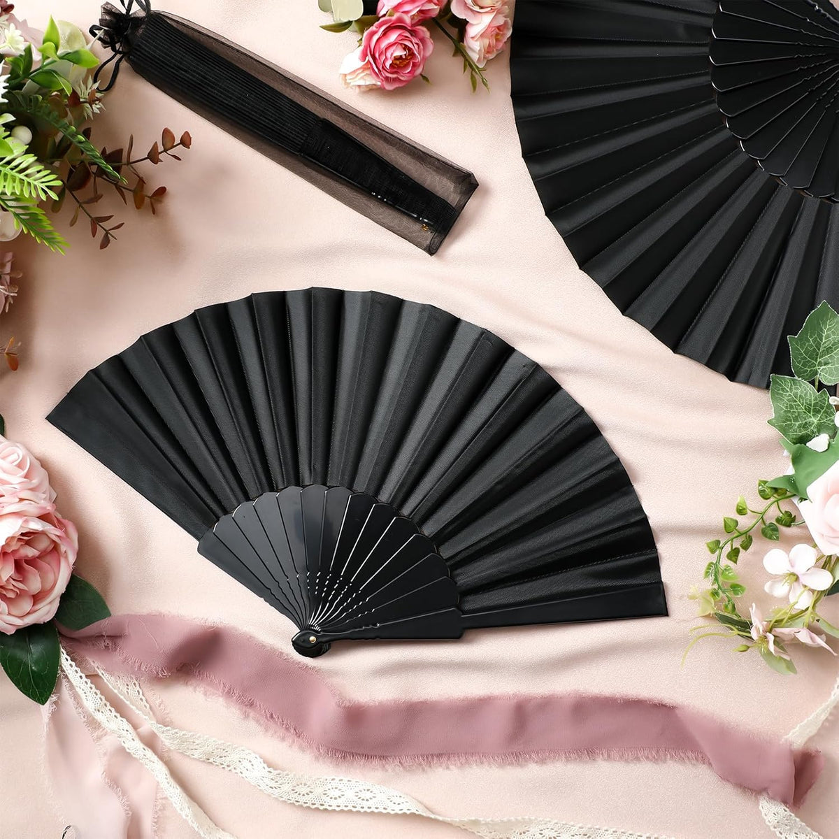 Wenqik 80 Pcs Wedding Folding Hand Fans Bulk Silk Fabric Chinese Handheld Foldable Clack Fans with