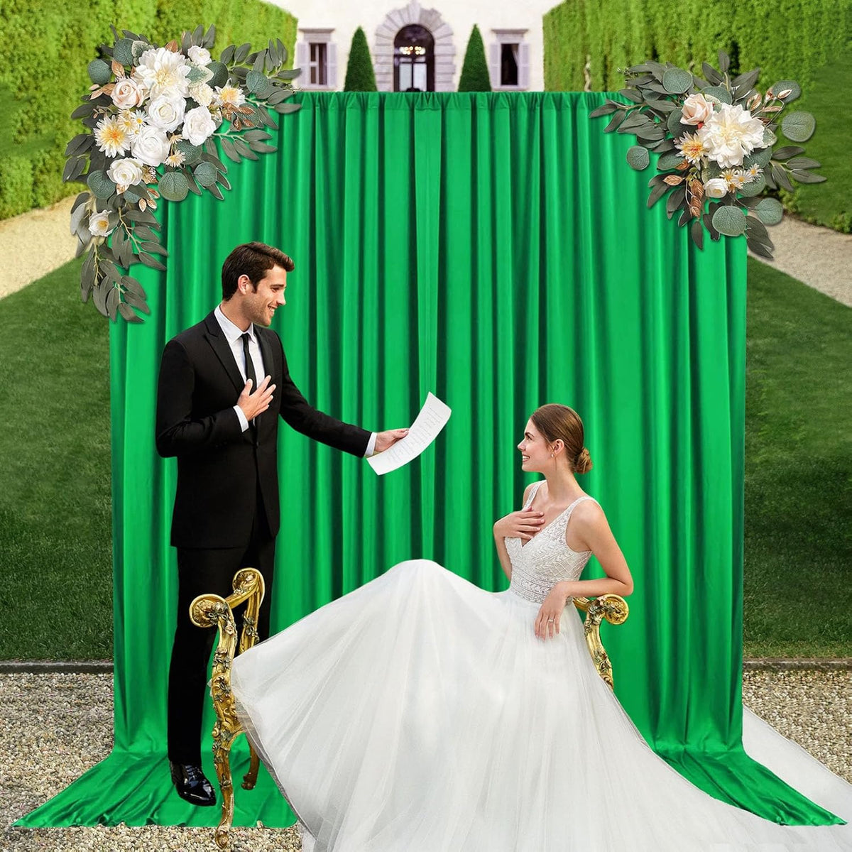 10ft x 10ft Grass Green Backdrop Curtains for Parties, Fabric Satin Background Curtain with Rod