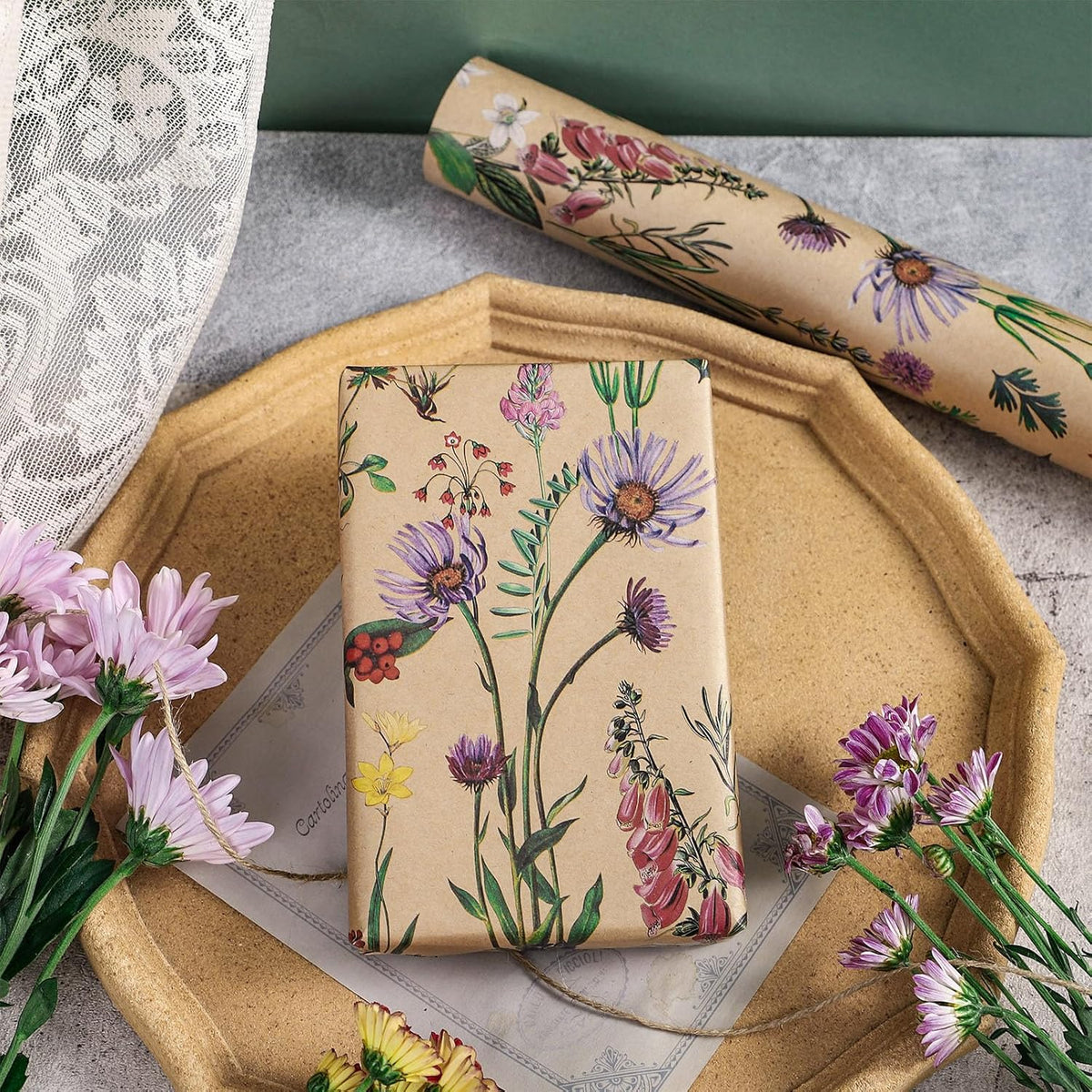 RUSPEPA 30" X 100' Wildflower Floral Wrapping Paper Large Kraft Paper Roll for Women, Jumbo Roll