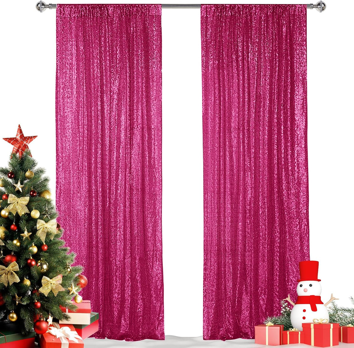 Hahuho Fuchsia Sequin Backdrop Curtain, 2PCS 2FTx8FT Glitter Backdrop Curtain for Parties