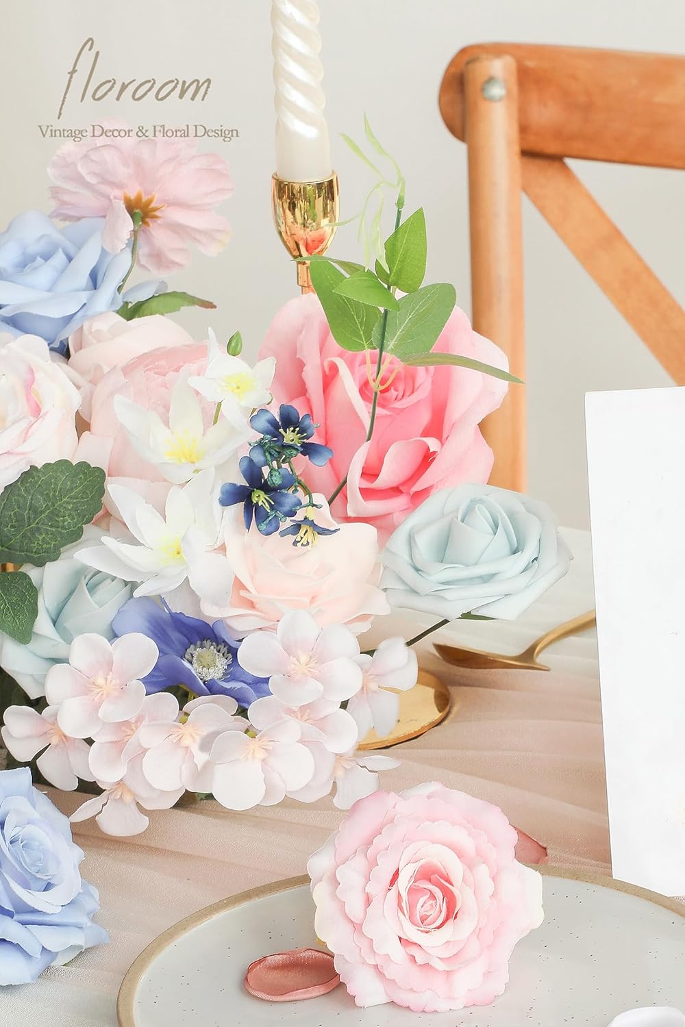 Floroom Pink Blush Blue Artificial Flowers Fake Roses Peonies and Greenery Combo Box Set for DIY