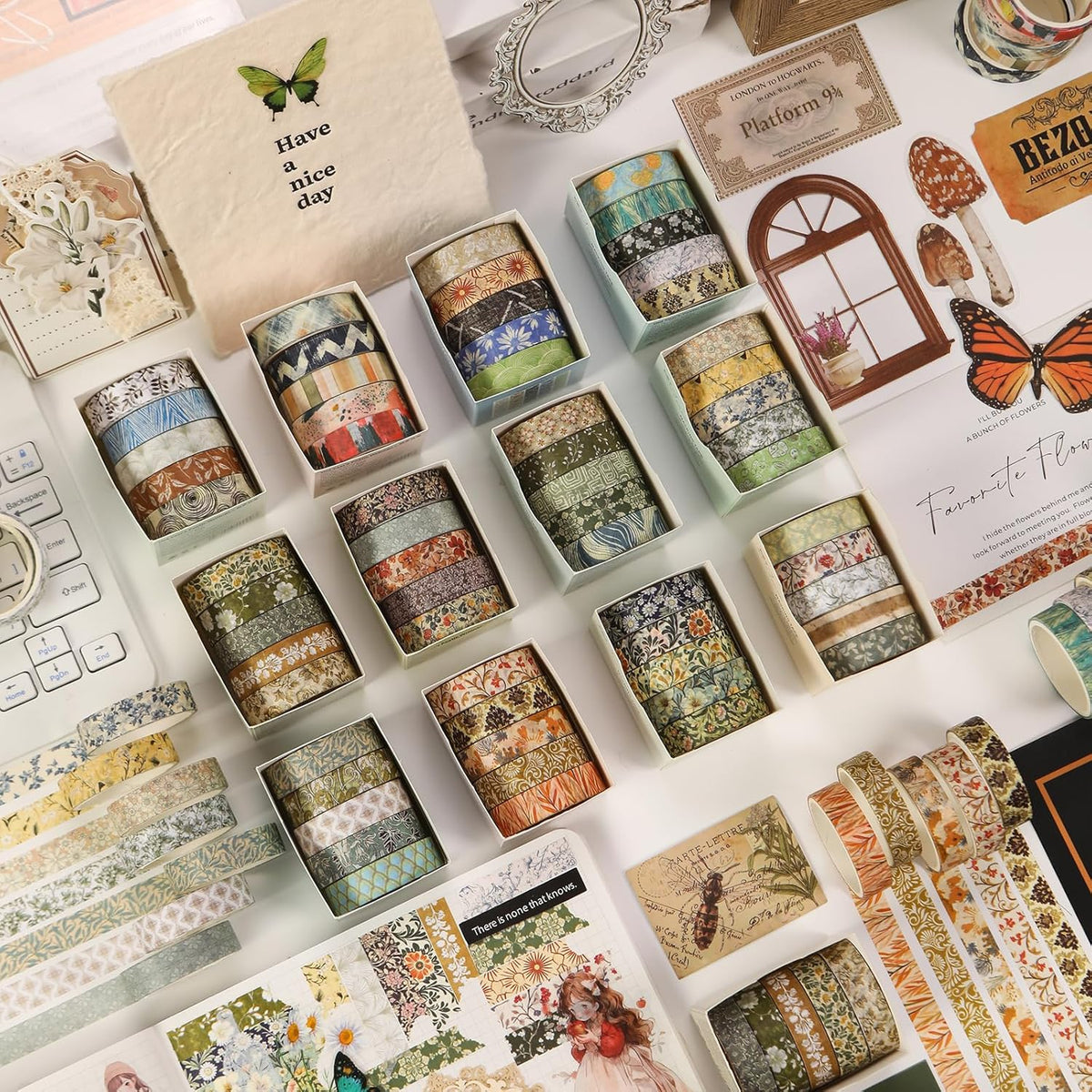 YUBBAEX 60 Rolls Value Washi Tape Pack Retro Arts Masking Tape Basic Patterns Decorative for DIY