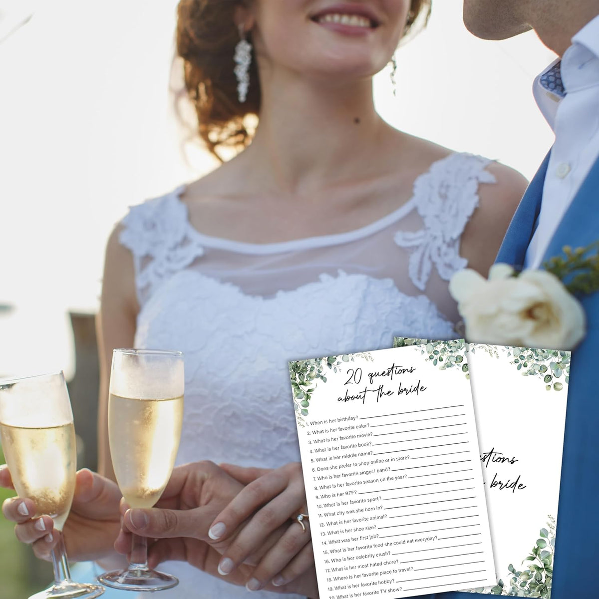 Eucalyptus Bridal Shower Game Cards - 20 Questions About The Bride, Wedding Engagement Bachelorette