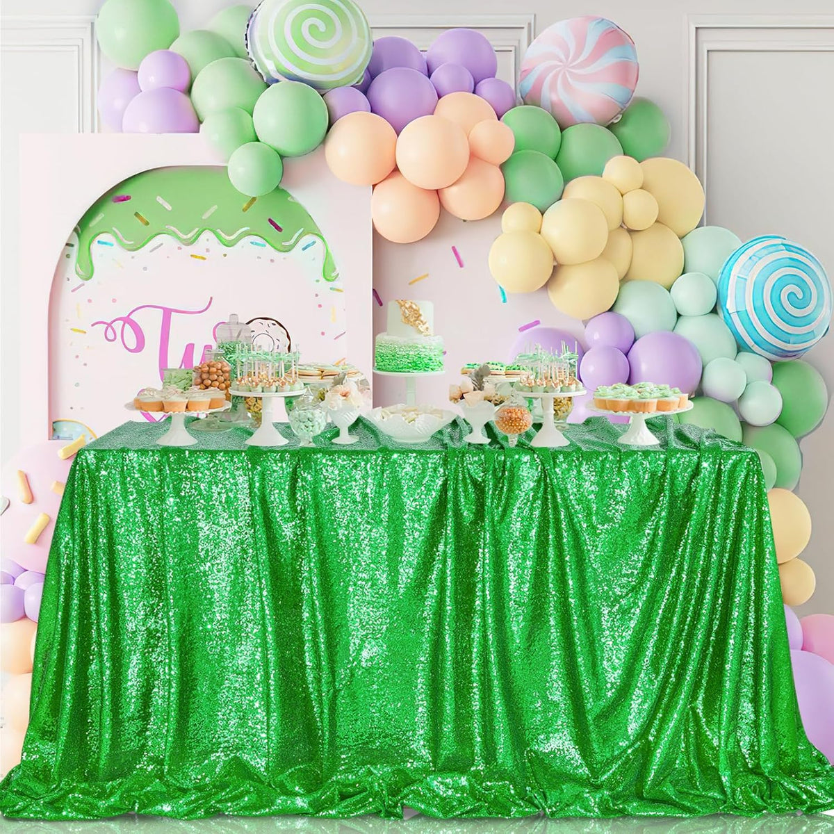 QueenDream Rectangle Tablecloth 90x132 Inches Green Sequin Table Clothes Overlay Birthday