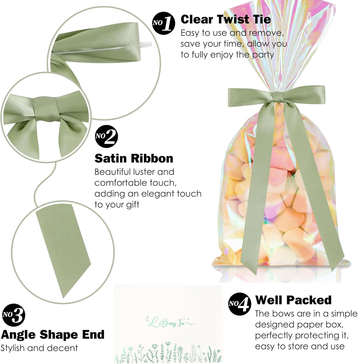 50 PCs Sage Green Bow Decor 5.5'' Satin Bows with Long Tail, Twist Tie Bows for Craft, Packaging